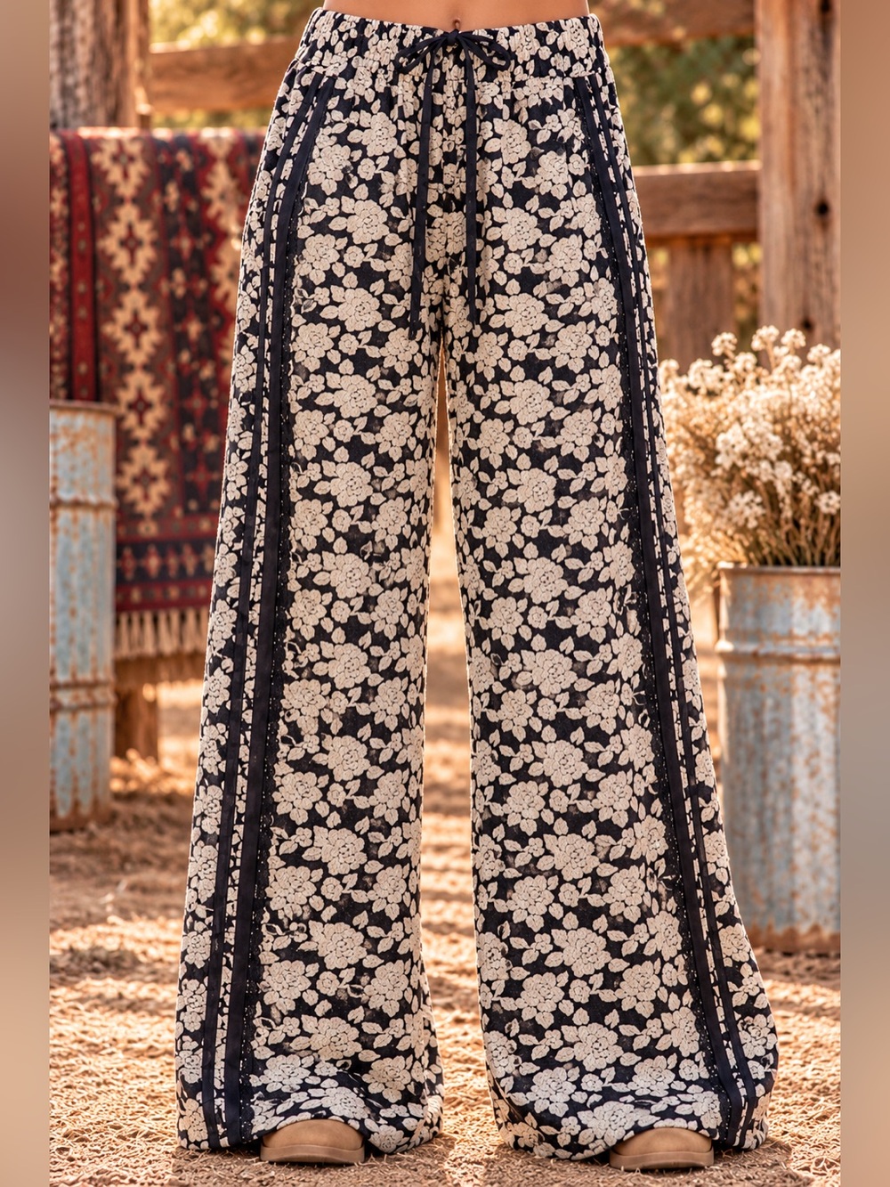Black jacquard floral lace trim boho wide leg western contrast bohemian pants